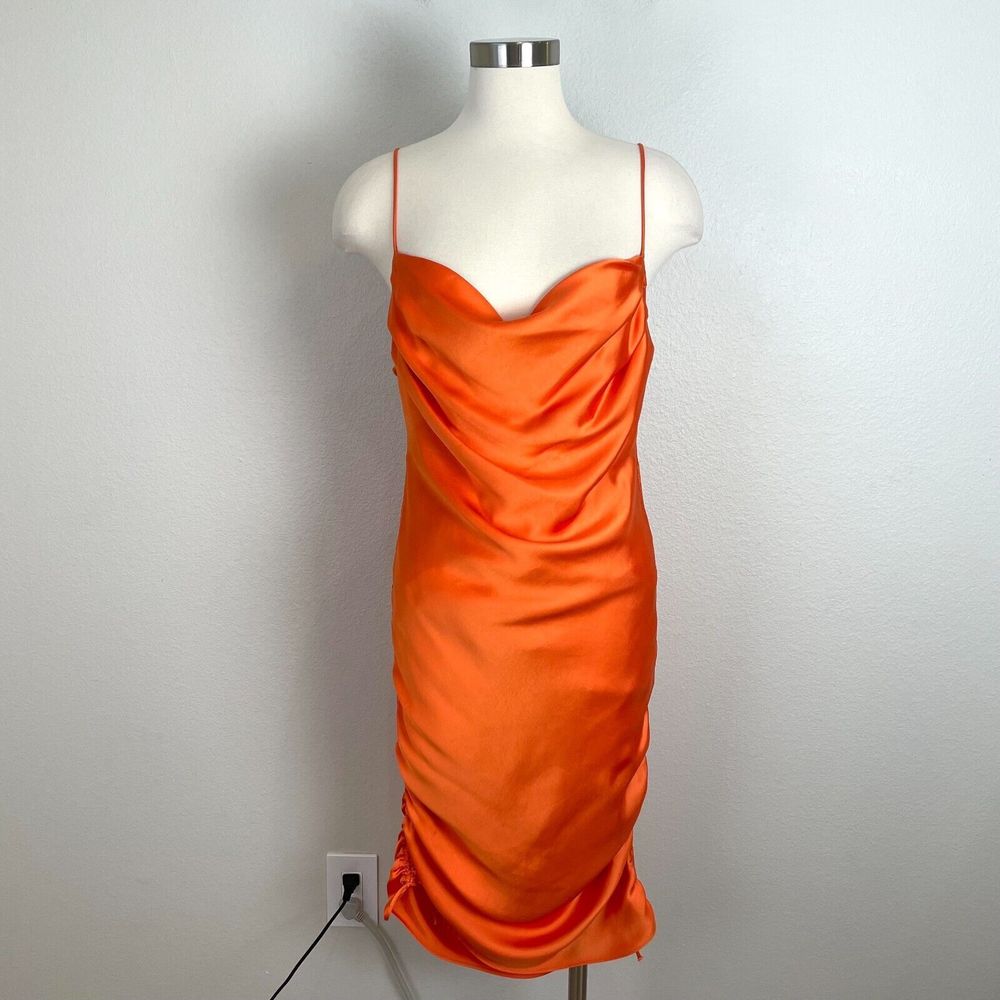 Zara Womens Large Orange Satin Slip Midi Dress Ruched Sides